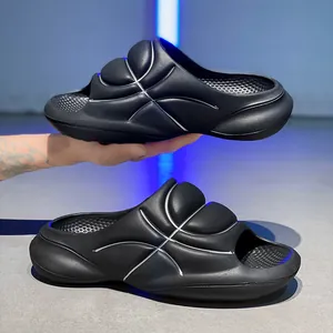 Comfortable men's black EVA platform slippers with unique basketball texture design