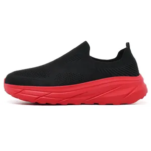 Men's black fly-knit breathable slip-on sneaker with thick red sole for casual summer
