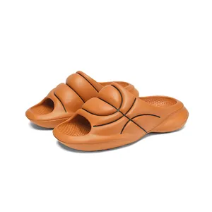 Comfortable orange basketball pattern EVA slides with thick sole for men outdoor use