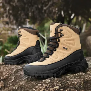 High-top khaki tactical hiking boots with waterproof non-slip soles for outdoor training