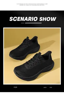 All-black fly-knit running shoes with wide-toe design and carbon plate cushioning