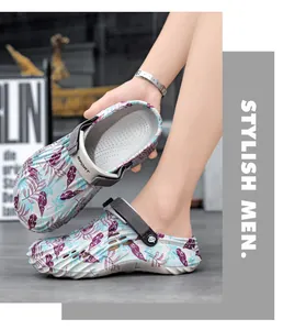 Detailed view of men's printed clogs with breathable leaf pattern and sport strap