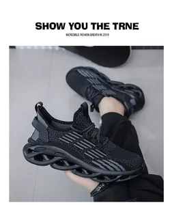 Detail of men's black shock-absorbing running shoes with hollow-structured blade sole