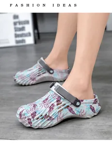 Close-up of tropical leaf print and woven strap on men's summer casual clogs