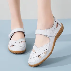 Women Genuine Leather Hollow Out Sandals Breathable Flat Moccasins Nurse Mom Shoes Hook Loop Casual Loafers Large Size 35-46