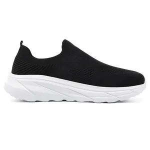 Men's breathable fly-knit slip-on walking shoes with wide-fit white chunky sole