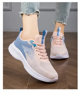 Lightweight pink and blue breathable fly-woven sneakers shown in a clear on-foot detail
