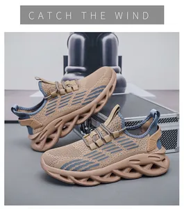 Macro view of breathable knitted upper and wavy shock-absorbing midsole on men's running shoes.