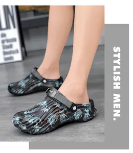 Men's outdoor floral print clogs with non-slip sole and adjustable heel strap detail
