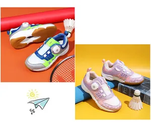 Detail view of professional kids badminton shoes with rotary buckle and breathable mesh