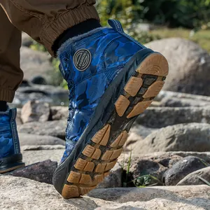 Men's waterproof winter snow boots with blue camouflage pattern for outdoor hiking