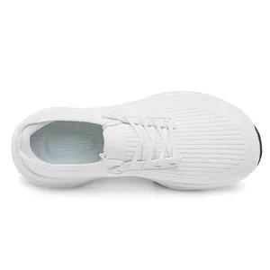 Top-down view of breathable white flyknit mesh running shoe with wide-toe design