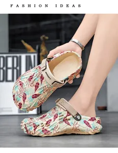 Macro detail of men's summer leaf print outdoor clogs with adjustable sport strap