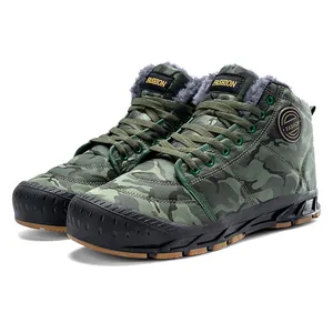 Men's waterproof camouflage snow boots with warm fur lining for outdoor winter wear.