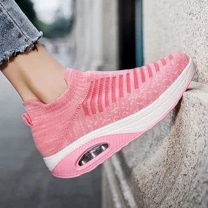 Women Air Cushion Sneakers Breathable Fly-knit Mesh Slip-on Walking Shoes Lightweight Casual Sport Shoes For Spring Daily Wear