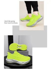 Close-up detail of neon green breathable flyknit running shoes with cushioned silver midsole