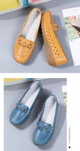 Stijlvolle ademende lederen loafers voor dames in de kleuren geel en blauw decor.