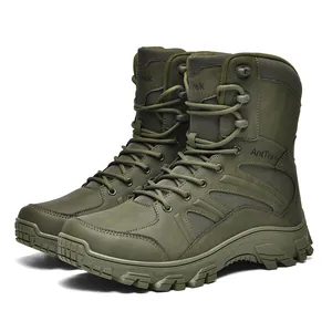 Professional olive green men's high-top tactical combat boots with breathable anti-slip sole