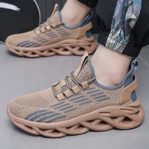 Khaki breathable knitted men's running shoes with shock-absorbing wavy blade sole