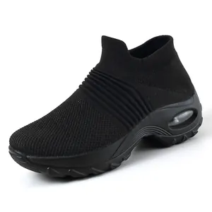 Women's Air Cushion Walking Shoes Breathable Mesh Flyknit Casual Rocking Sole Slip-On Sneakers Lightweight Outdoor Travel Footwear