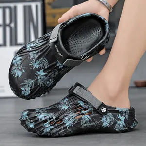 Men's summer outdoor printed clogs with non-slip soles and stylish blue leaf patterns