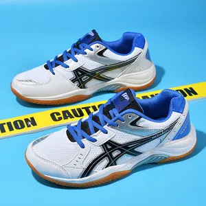 Professional badminton shoes with blue and white mesh upper and durable gum rubber soles