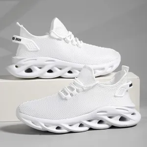 White breathable mesh running sneakers with lightweight blade cushioning hollow soles