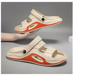 Close-up side view of men's beige and orange sports sandals with dual-wear straps