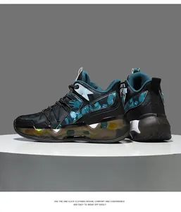 Detailansicht von High-Top-Basketballschuhen mit Dämpfung und Camouflage-Sohle design