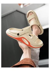 Detailed view of beige and orange men's sandals with rotatable heel strap for dual use.