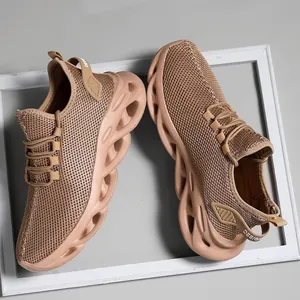 Brown breathable mesh running shoes for men featuring shock-absorbing chunky hollowed soles