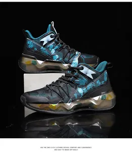 Nahaufnahme von stylischen Herren-Basketballschuhen mit MAX-Dämpfung und Camo-Print.