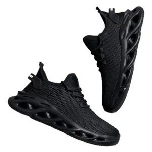 Black lightweight mesh running shoes for men with shock-absorbing hollow blade soles