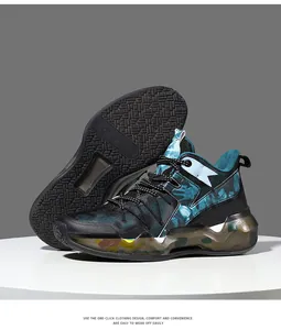 Detailansicht trendiger Basketballschuhe mit Camo-Muster und dicker Dämpfungssohle