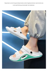 Detailed shot of men's white and green casual non-slip sport sandals for summer