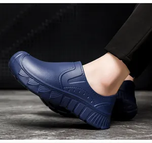 Detail view of navy blue non-slip EVA work shoes designed for professional chefs