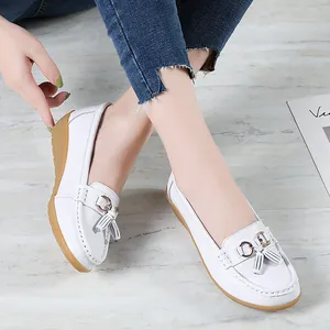 Women's Leather Loafers Soft Sole Wedge Heel Moccasins Tassel Buckle Hollow Out Comfortable Slip-On Casual Mother Shoes