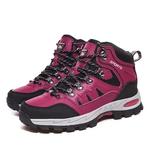 Durable magenta and black high-top outdoor hiking shoes for men with non-slip rubber soles