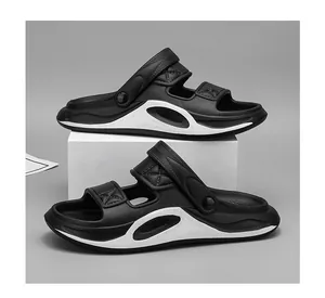 Detail view of men's non-slip black sports sandals with 2-way strap design