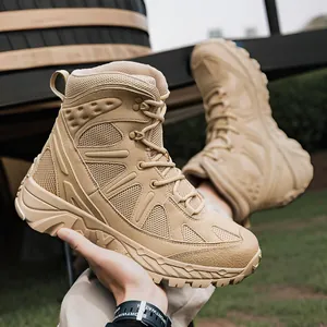 Professional high-top tan tactical military boots for outdoor combat training and hiking