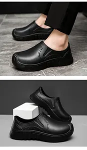Macro detail of black waterproof EVA work shoes with non-slip sole and leather texture