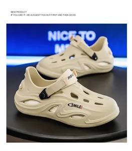 Detailansicht beige atmungsaktive Herren-Clogs mit dicker rutschfester EVA-Sohle und Fersenriemen
