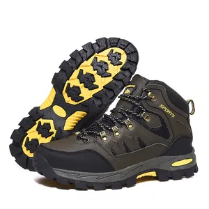 Mid-top outdoor hiking boots in olive green with anti-slip yellow rubber sole