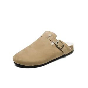 Cozy khaki suede clogs with warm faux fur lining and adjustable metal buckle strap