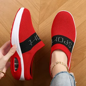 Women Casual Fly Knit Mesh Mules Thick Sole Air Cushion Breathable Patchwork Walking Slippers Round Toe Plus Size Shoes
