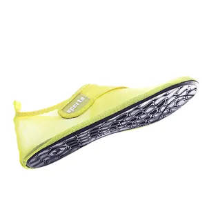 Close-up of yellow breathable mesh water shoe with sports strap and anti-slip sole.