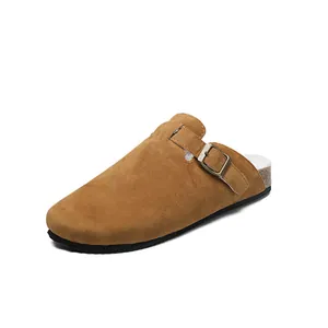 Brown suede closed-toe clogs with adjustable buckle and warm lining for men and women