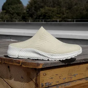Breathable off-white fly-knit slip-on sneaker for men with chunky white soft sole