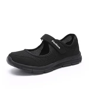 Breathable black mesh Mary Jane style casual walking shoes with velcro strap for women
