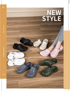 Variety of colorful EVA clogs and slippers shown on wooden floor in detail view
